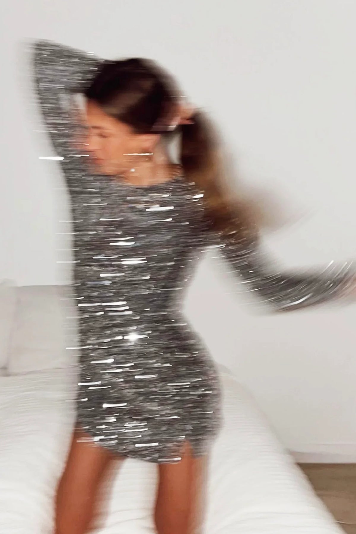 Demure Long Sleeve Open Back Dress Sequin Grey/Silver
