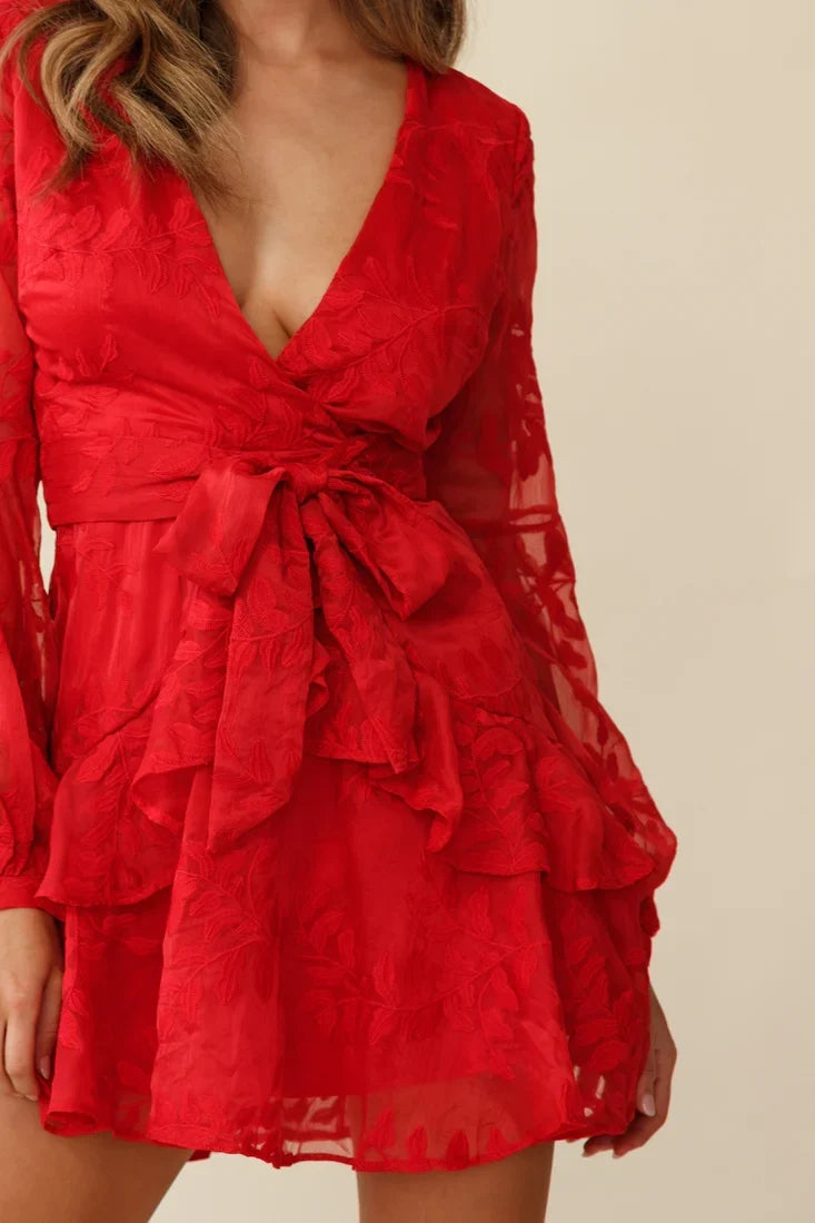 Kerry Layered Balloon Sleeve Dress Floral Embroidered Red