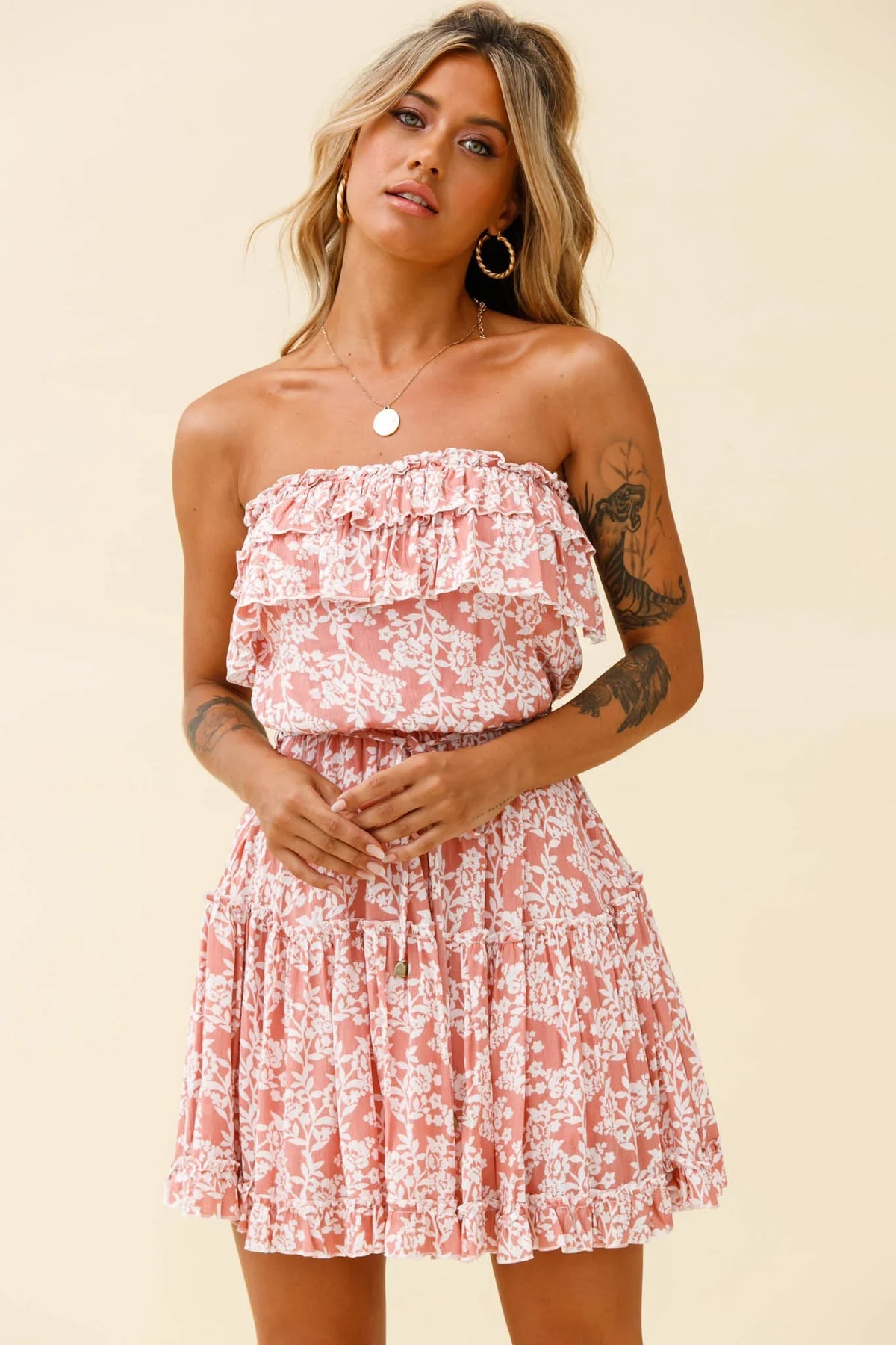 Raquel Strapless Layered Dress Floral Print Blush