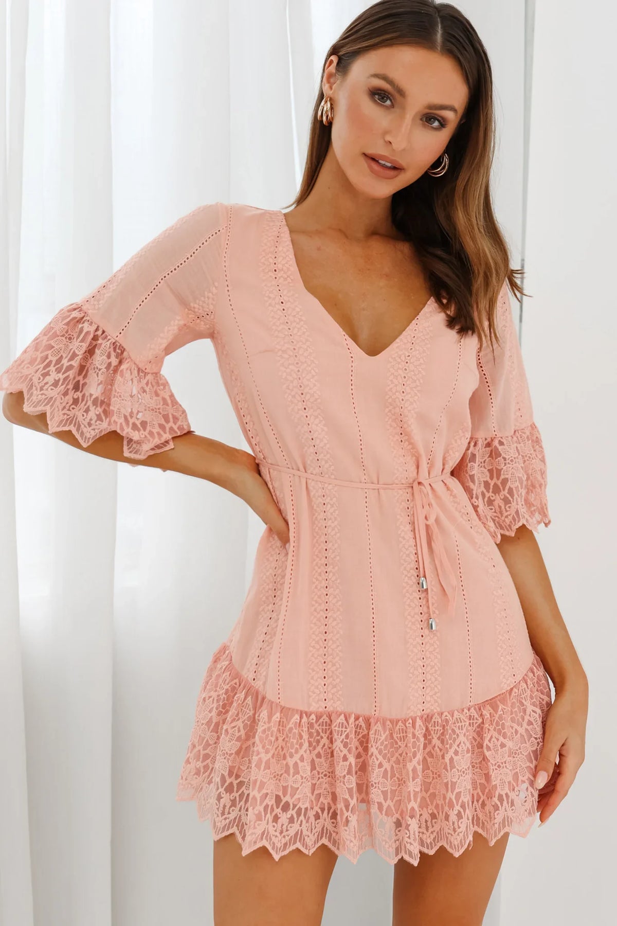 Karissa Lace Trim Waist Tie Tunic Dress Blush