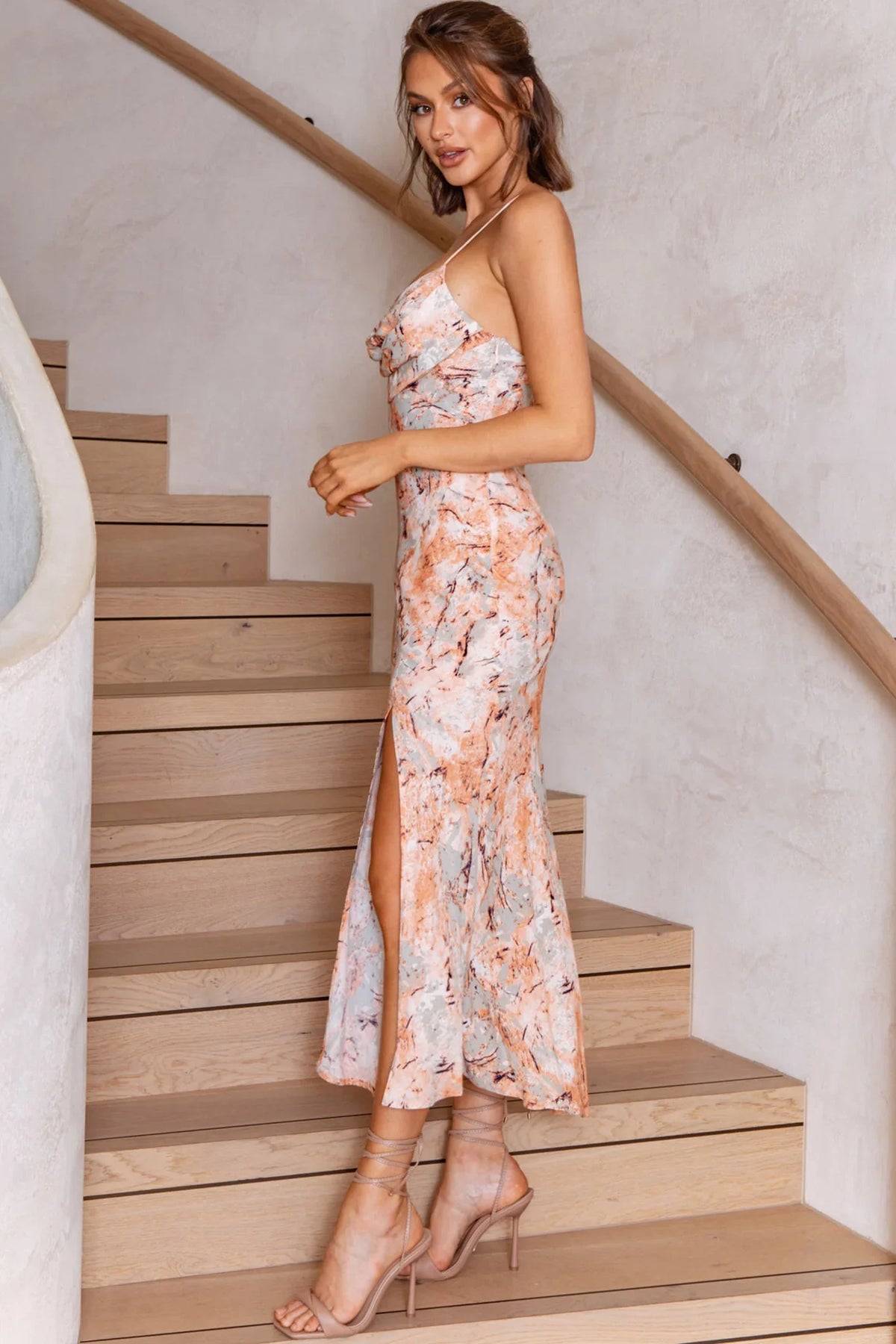 Well Versed Pleated Bust Front Split Dress Marble Print Orange