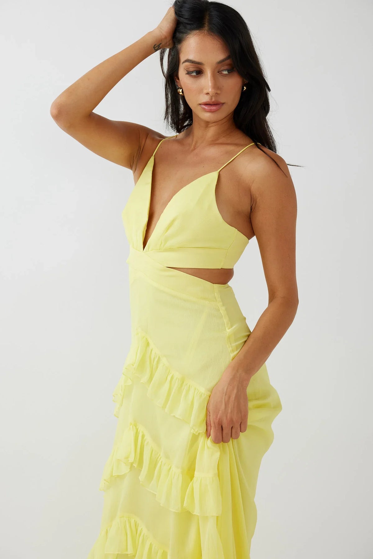 Joss Ruffle Trim Cut-Out Dress Yellow