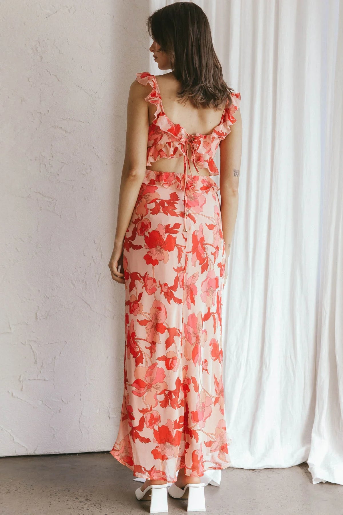 Second Chances Ruffle Trim Midi Dress Floral Pink