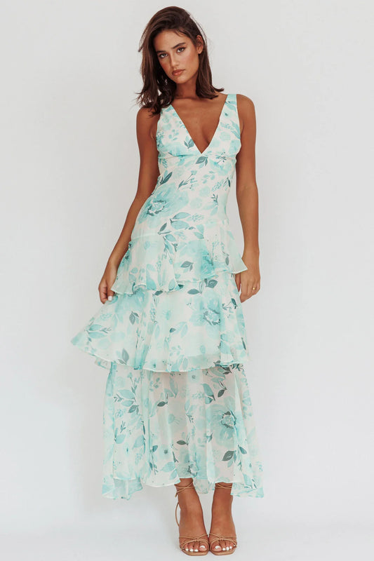 Veda Strappy Back Ruffle Maxi Dress Floral Green