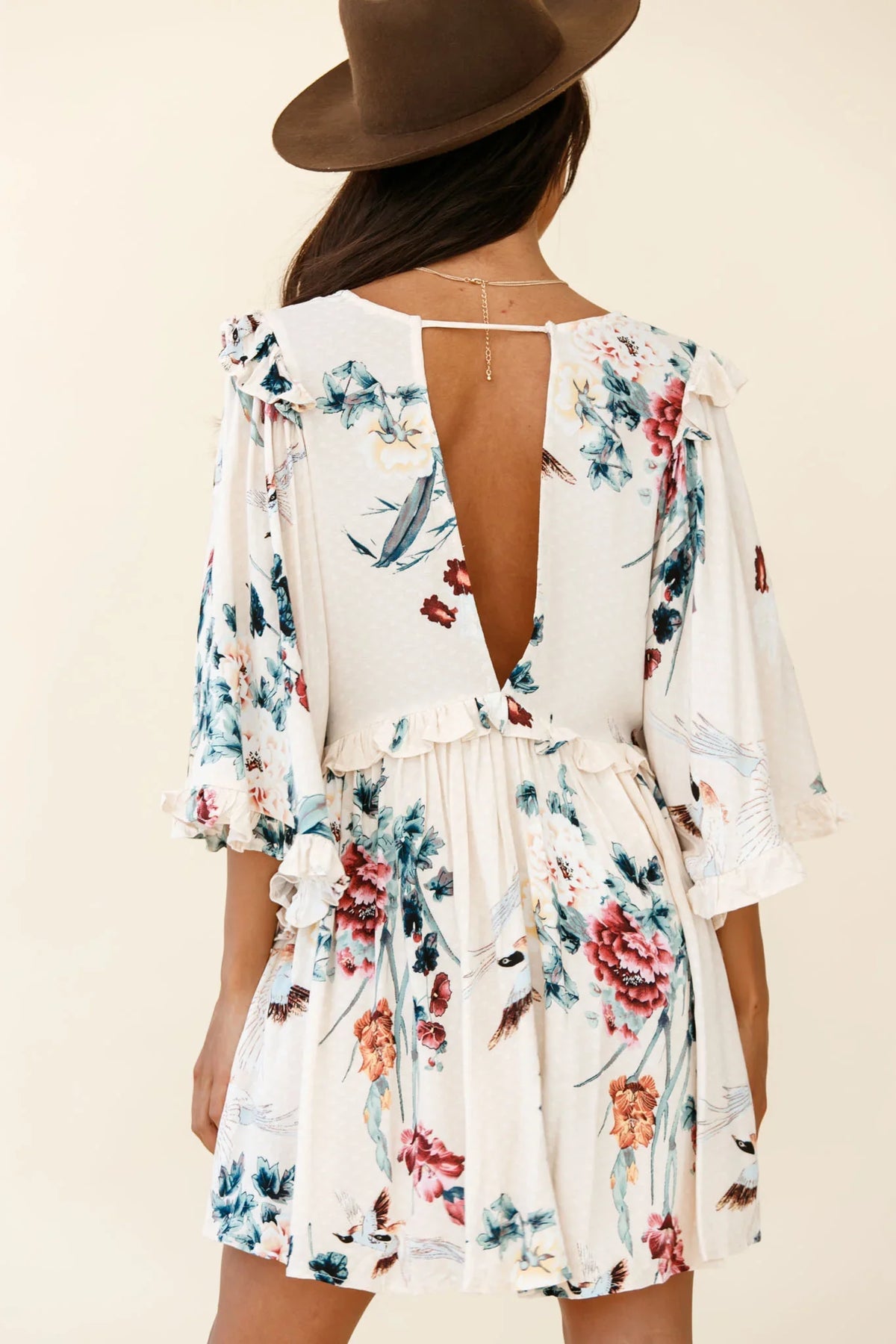 Lynette Loose Fit Angel Sleeve Dress Botanic Print Nude