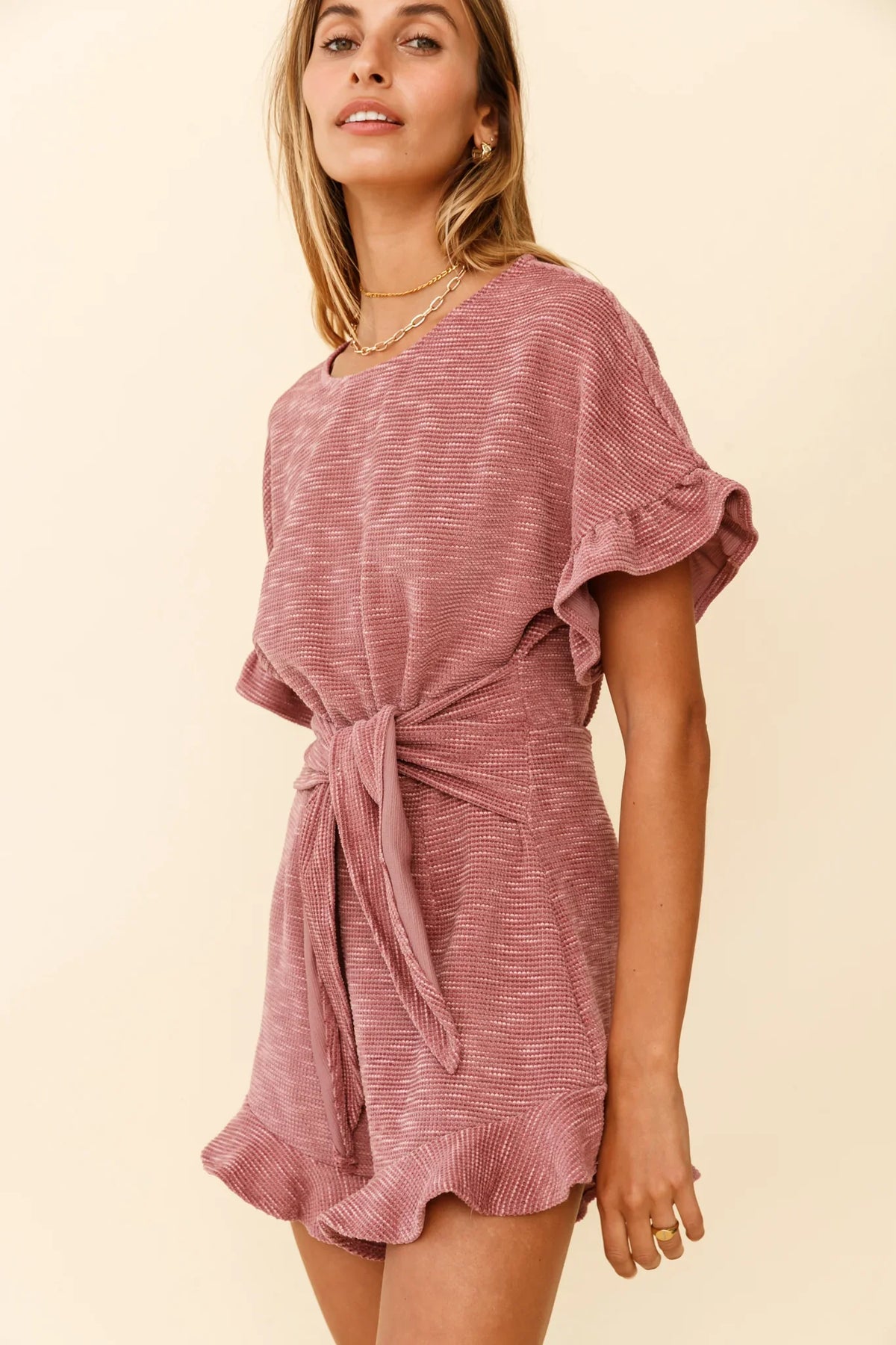 Feelin' Blessed Waist-Tie Frill Trim Romper Mauve