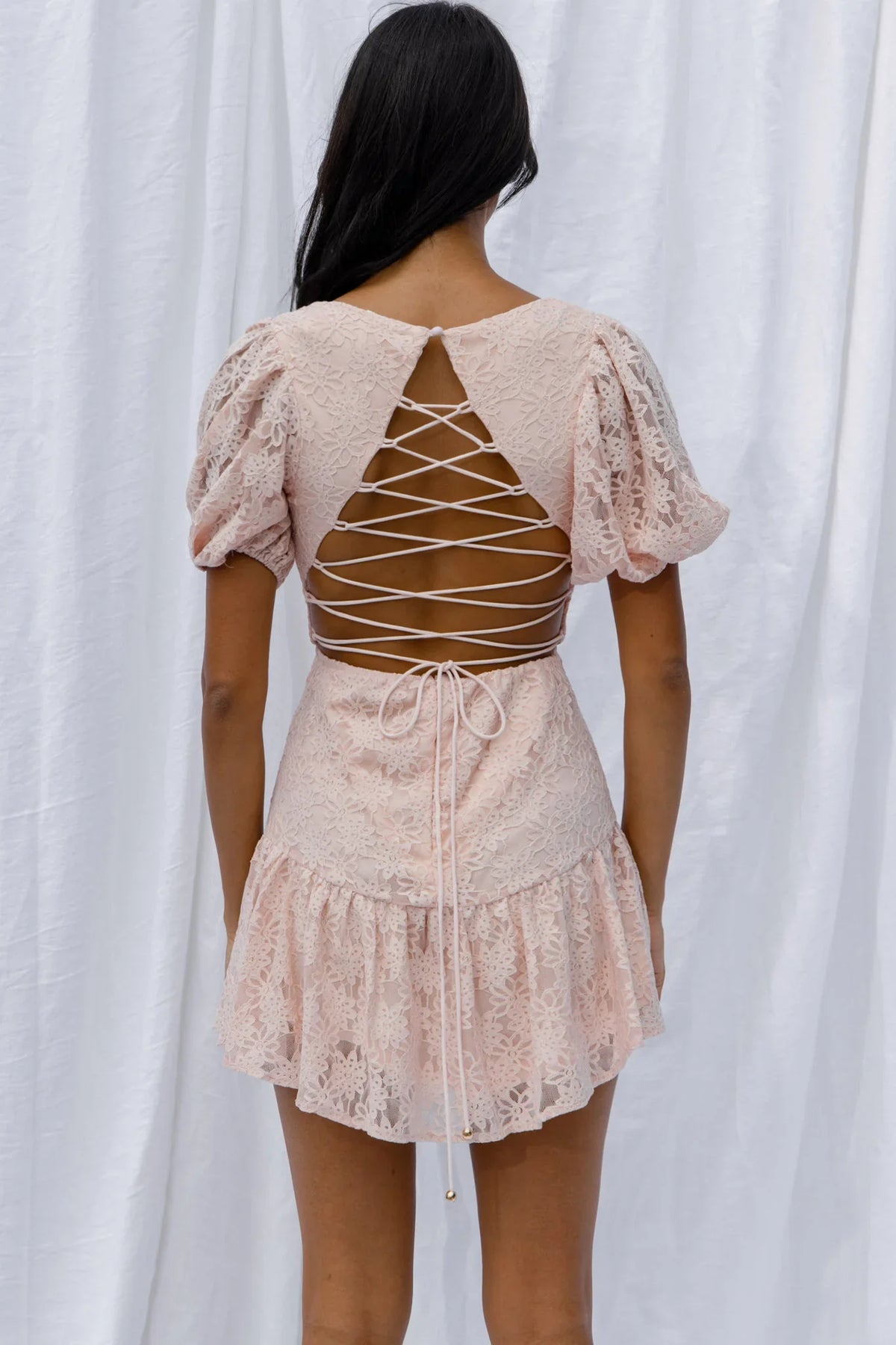 Petite Cherie Puff Sleeve Lace-Up Back Dress Lace Blush