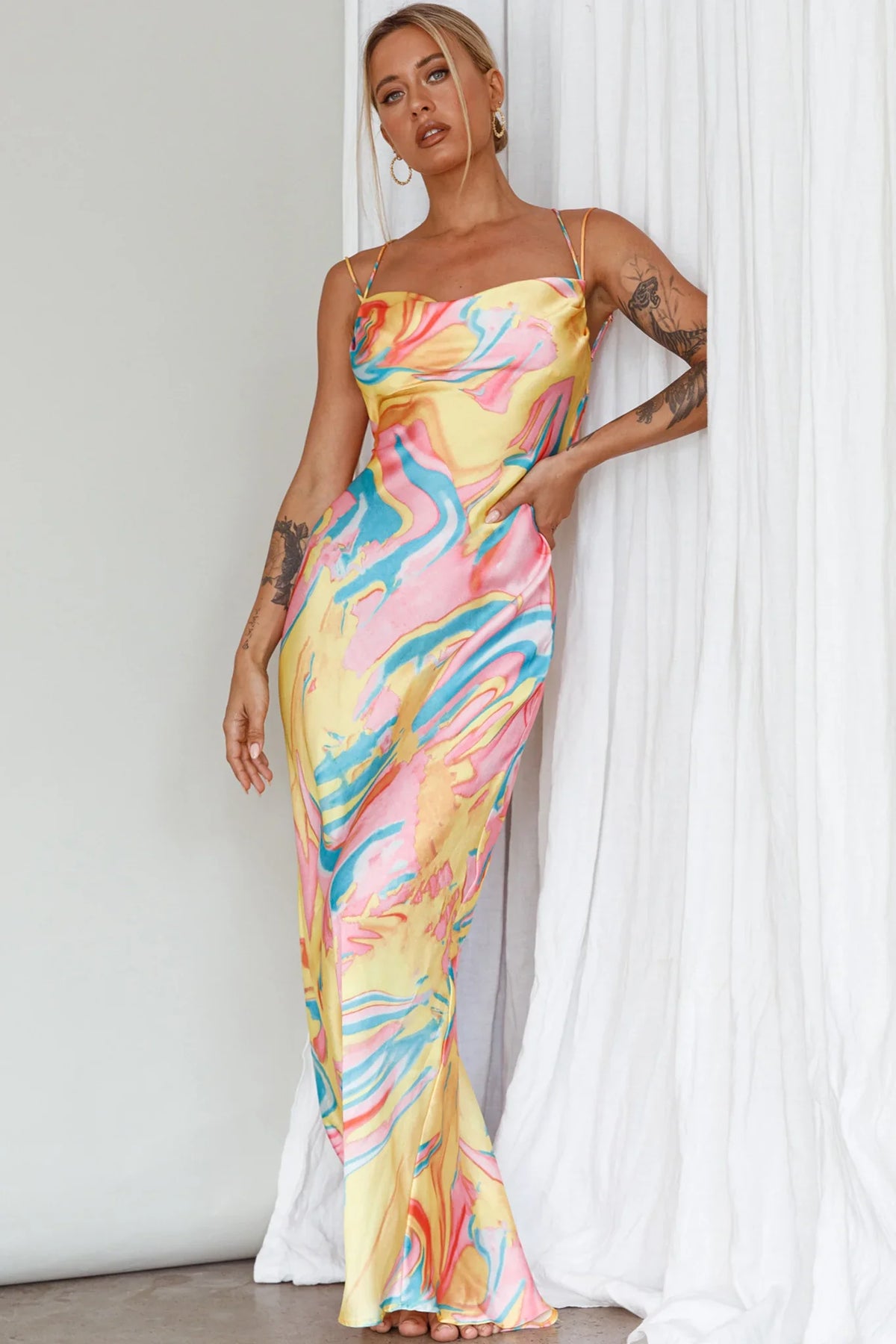 Moment With You Ruched Bust Midi Dress Swirl Yellow/Green