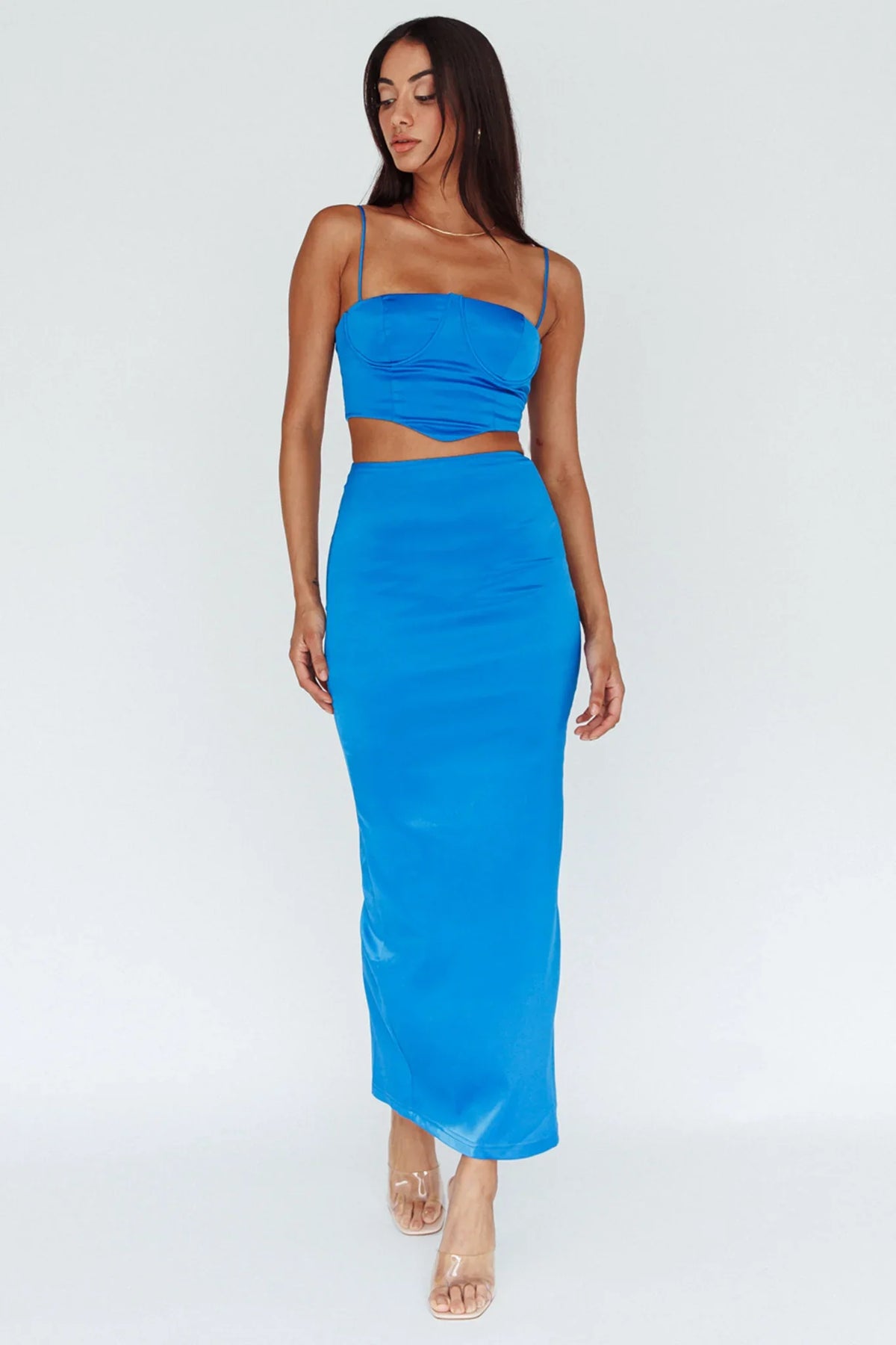 Zeina Satin Midi Skirt Blue