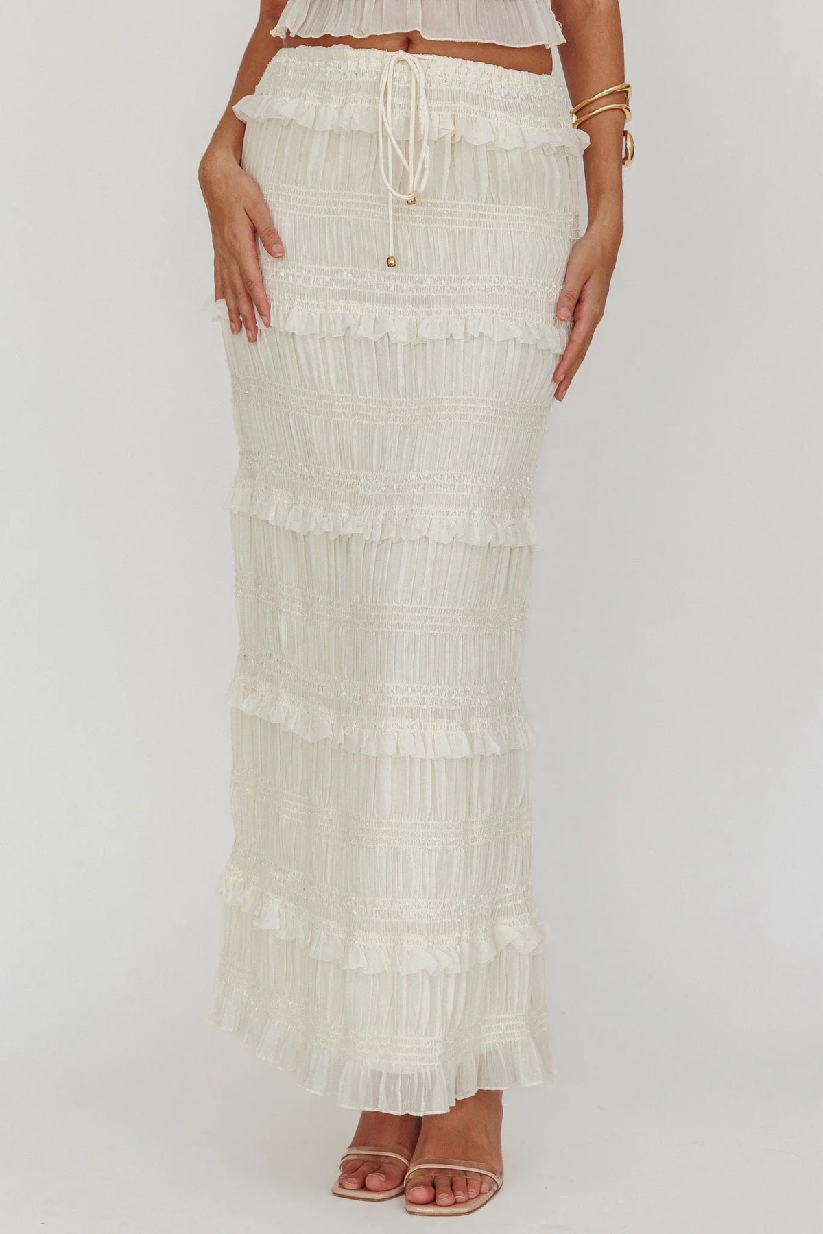 Helios Shirred Sequin Maxi Skirt Beige