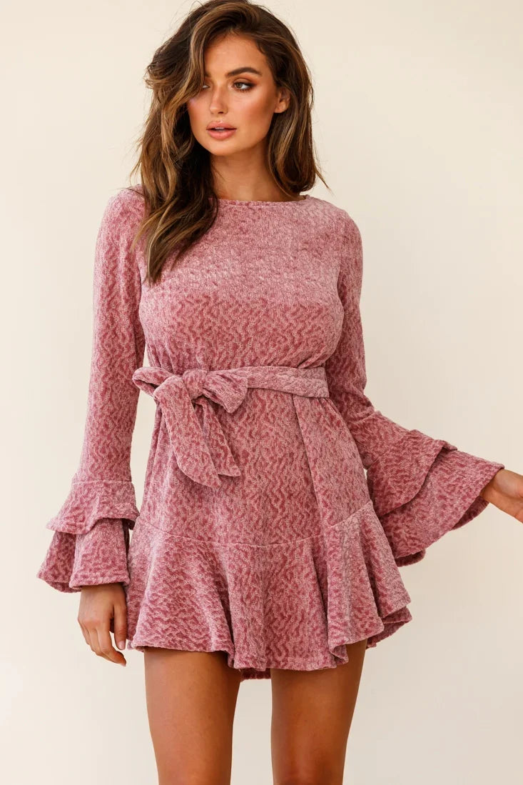 Saphira Long Sleeve Fluted Hem Knit Dress Blush