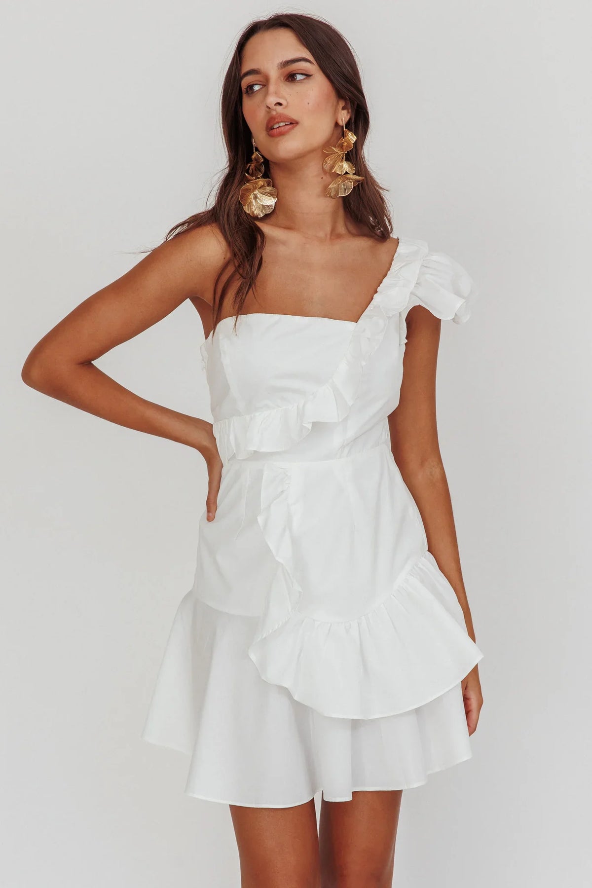 Koko One-Shoulder Ruffle Mini Dress White