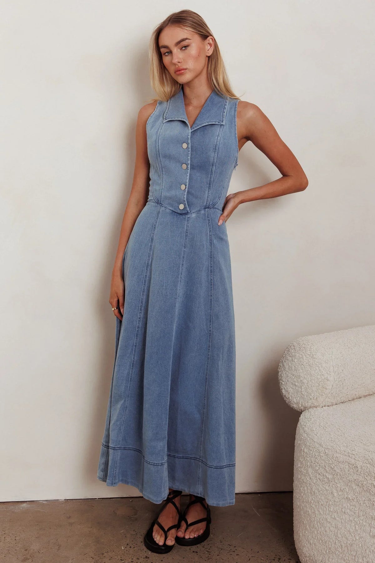 Entertain Me Sleeveless A-Line Maxi Dress Denim Blue