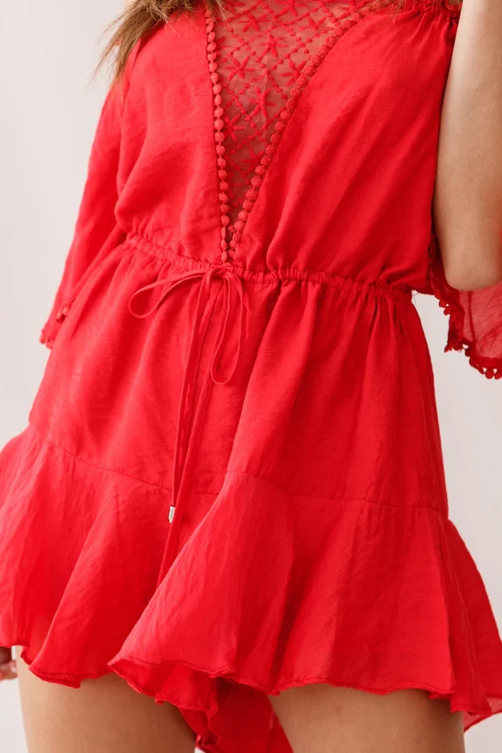 Yonna Off-Shoulder Mesh Detail Drawstring Romper Red