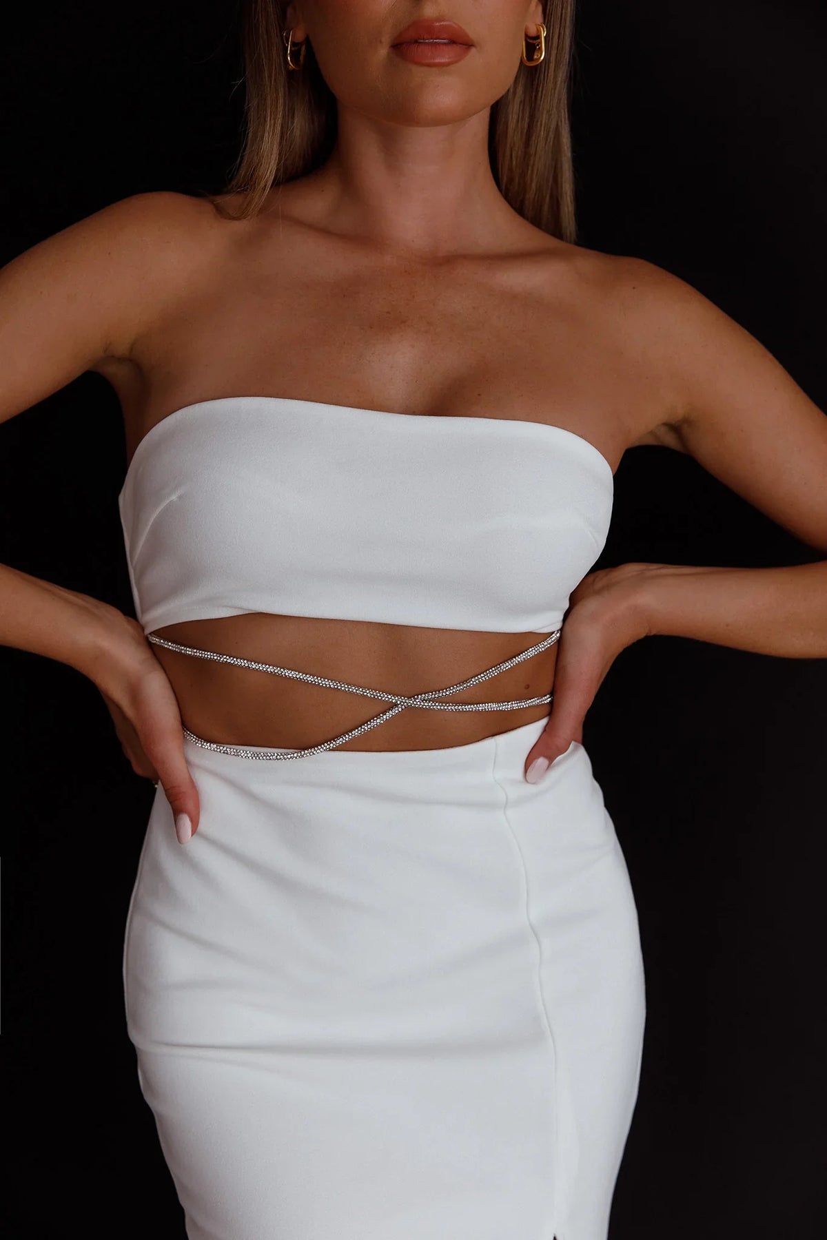 Nohemi Strapless Diamante Midi Dress White