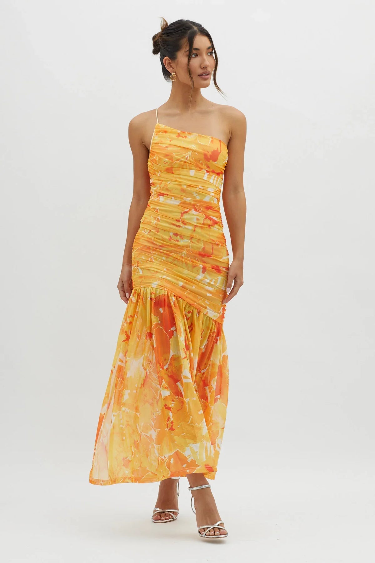 Golden Sun One-Shoulder Ruched Maxi Dress Yellow