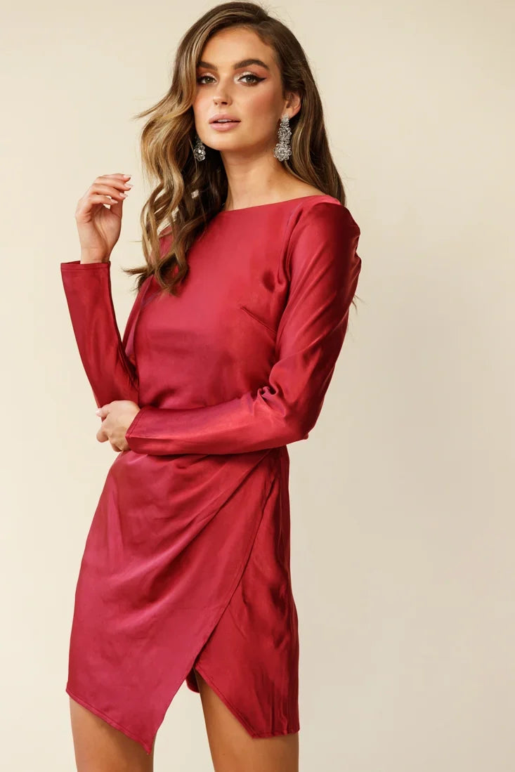 Thank Me Later Long Sleeve Open Back Dress Wine