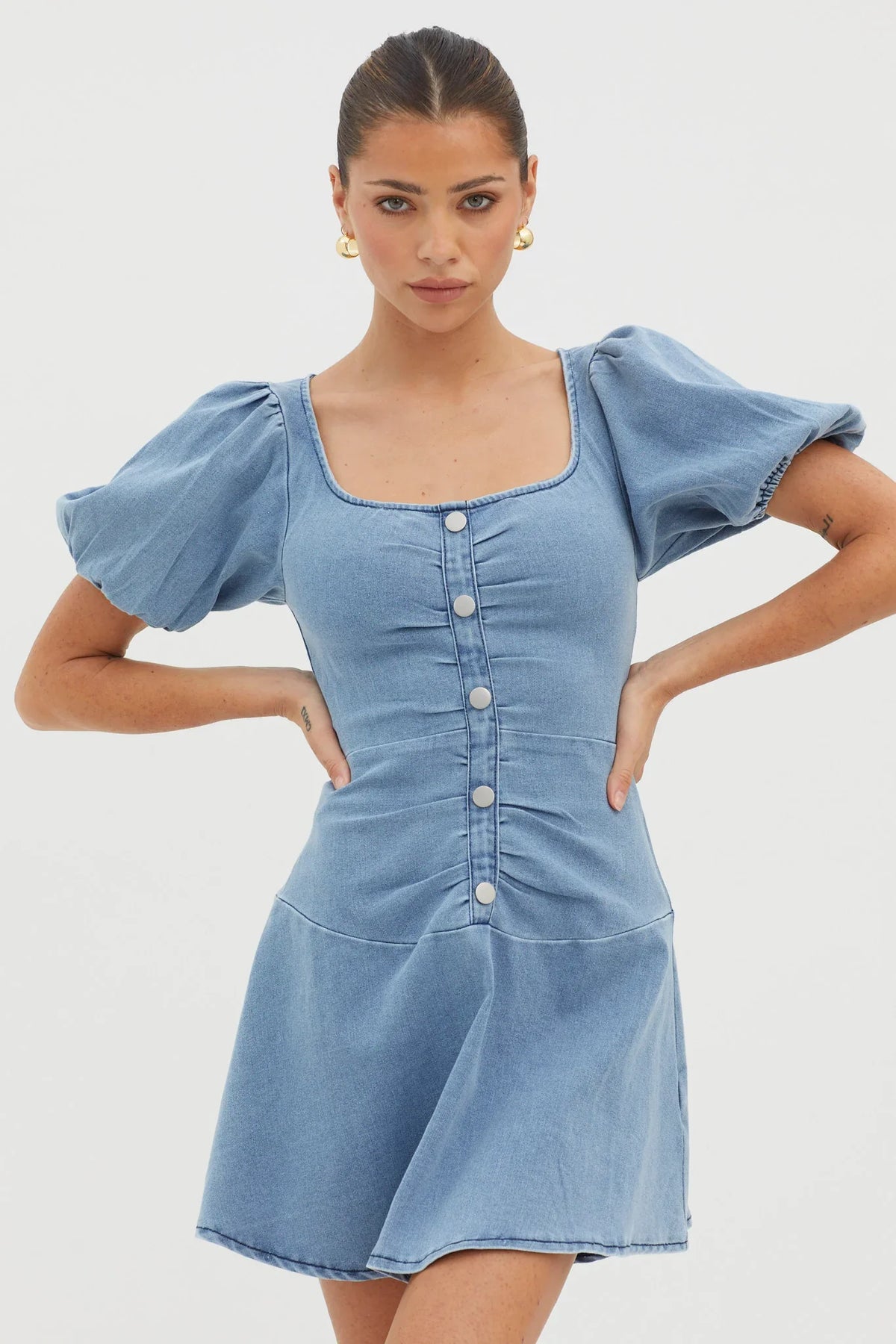 New Heights Puff Sleeve Mini Dress Denim Blue