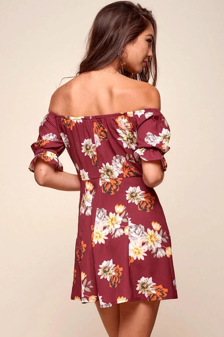 Hera Off the Shoulder Fit and Flare Floral Dress Red