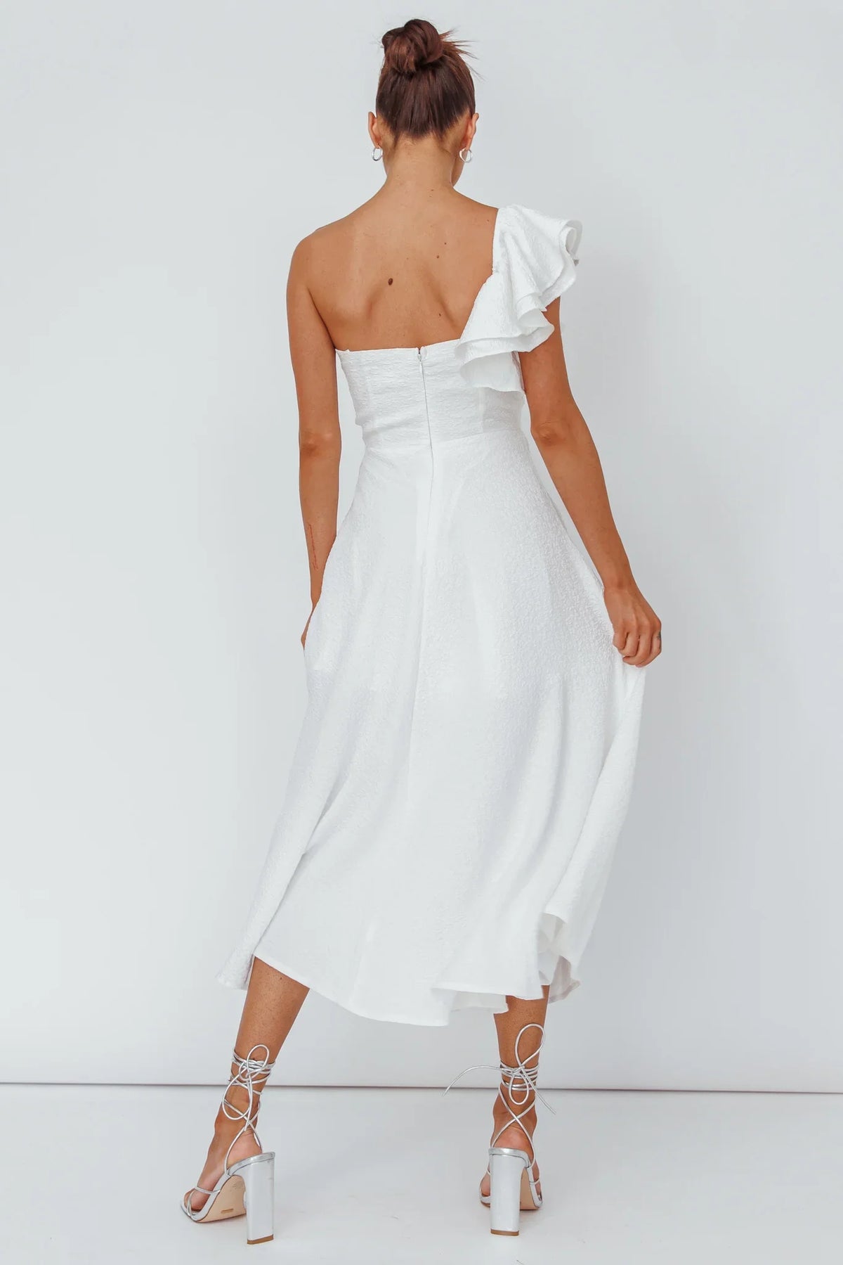 Jolina Ruffle Shoulder Midi Dress White