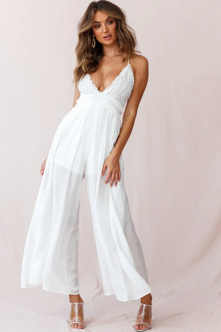 Laney Wide Leg Ruffle Detail Jumpsuit White