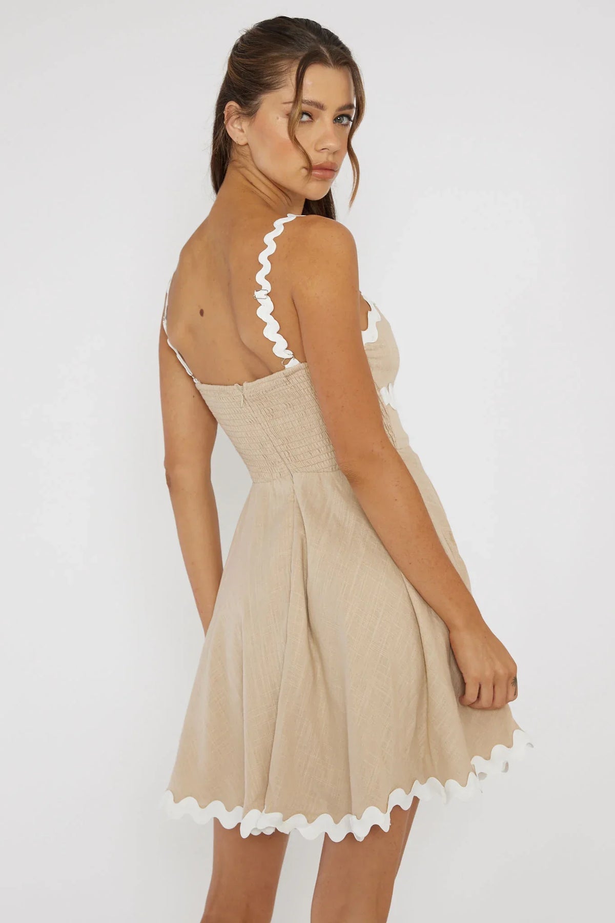 Won Me Over Ric Rac Trim Mini Dress Beige