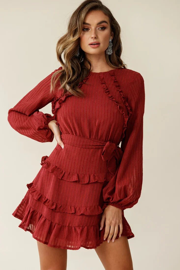 Dusk Long Sleeve Waist Tie Frill Dress Thin Stripe Wine