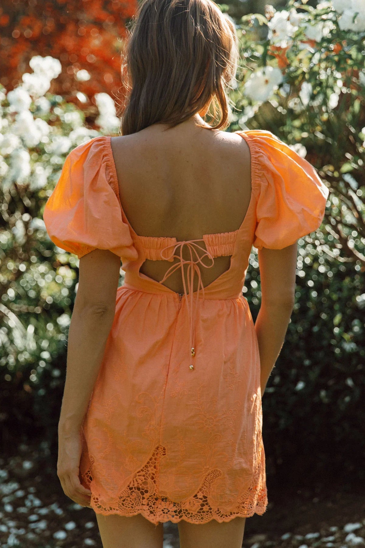 Lovers Lane Lace Trim Puff Sleeve Dress Neon Orange