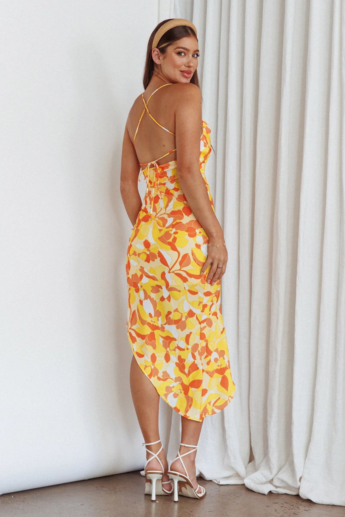 Klara Thigh Split Midi Dress Print Yellow