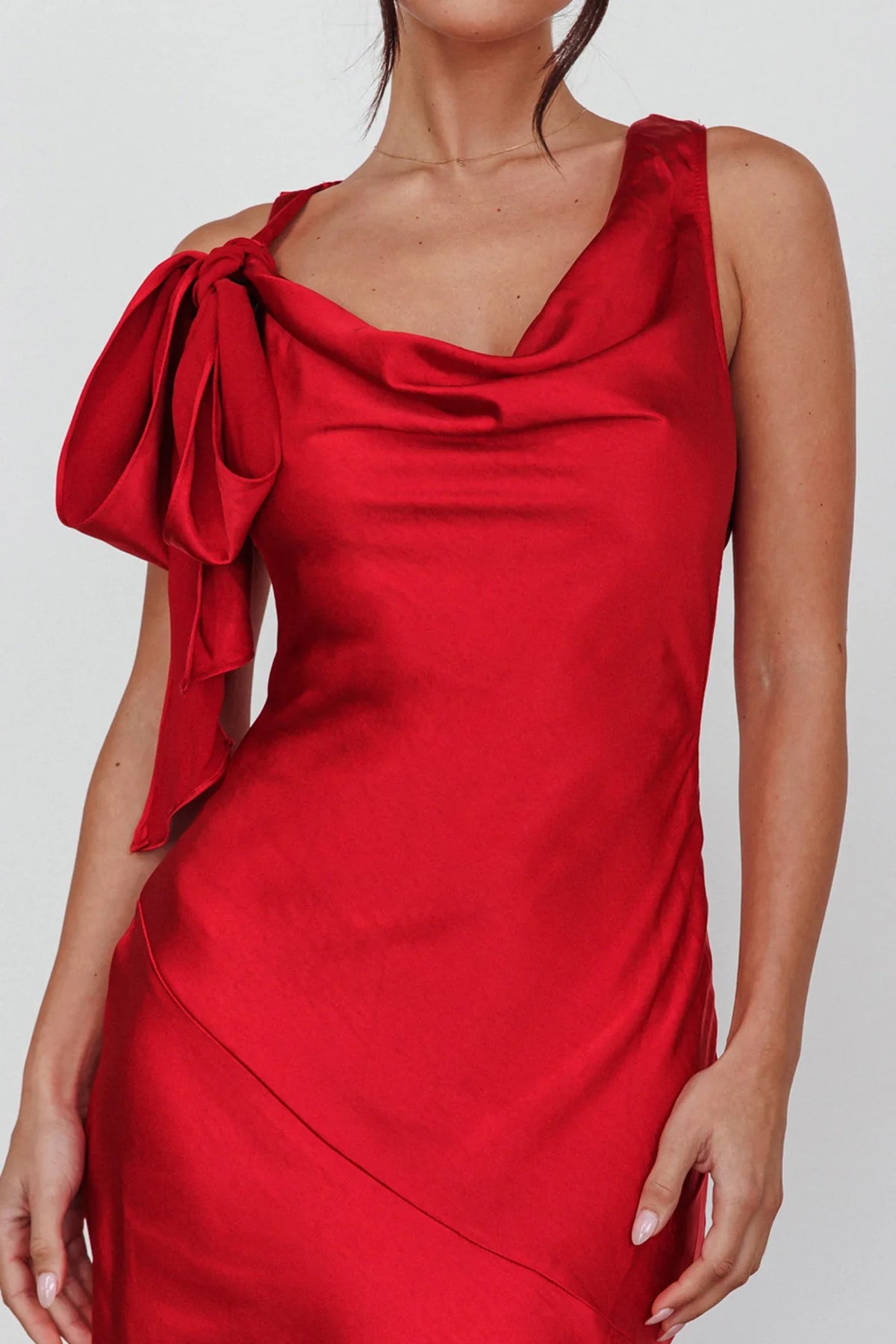 Averie Bow Shoulder Split Midi Dress Red