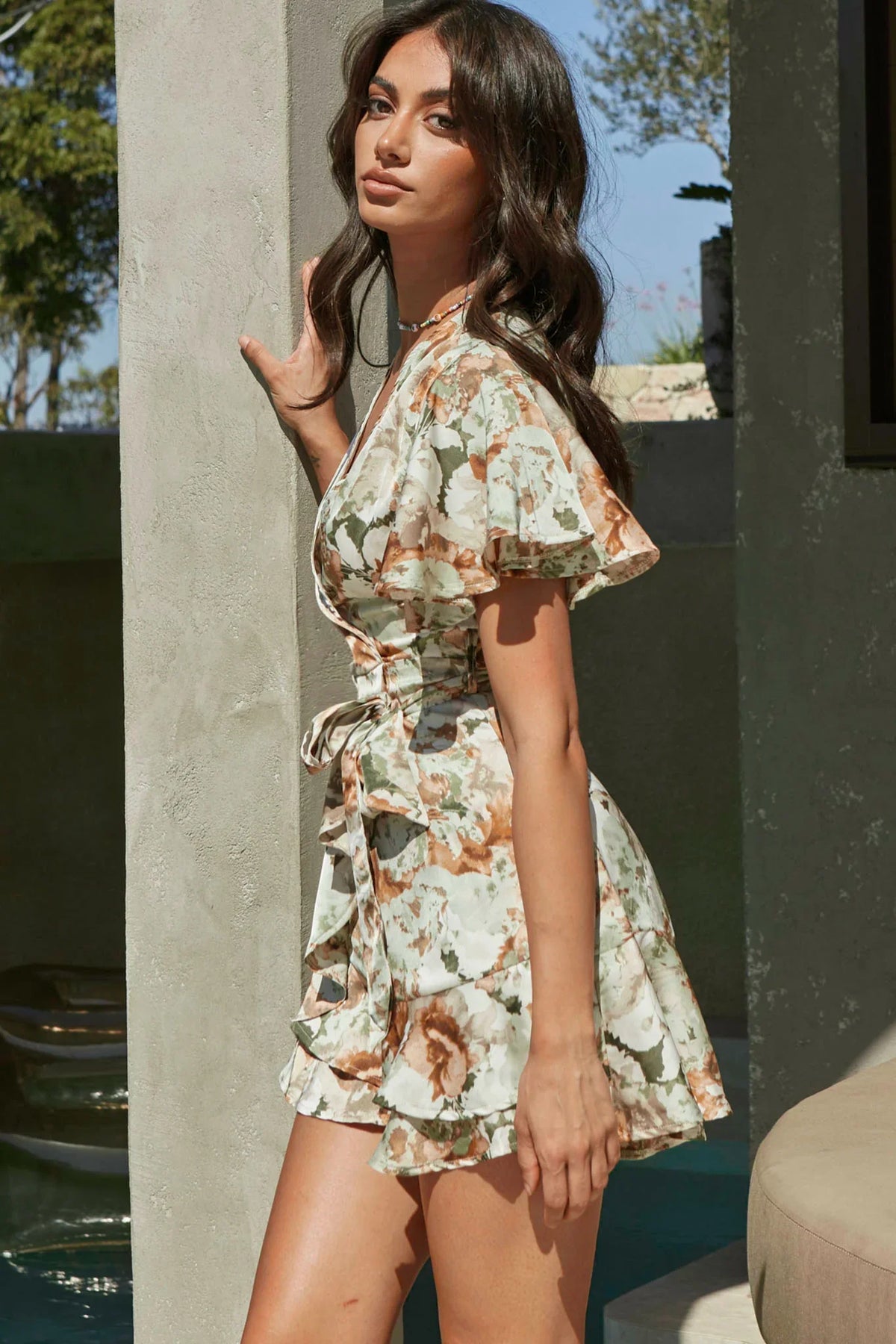 Cami Angel Sleeve Faux Wrap Dress Abstract Floral Print Sage