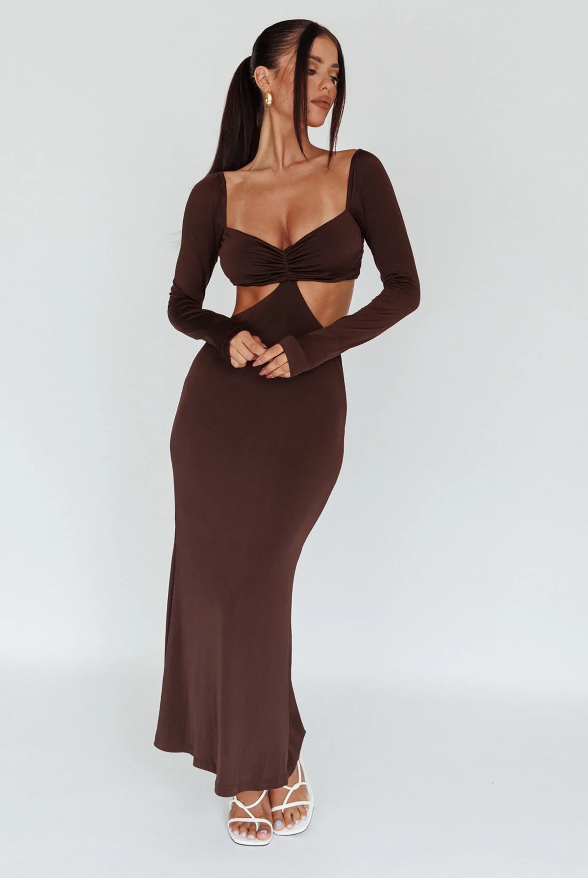 Vienna Long Sleeve Cut-Out Waist Maxi Dress Chocolate