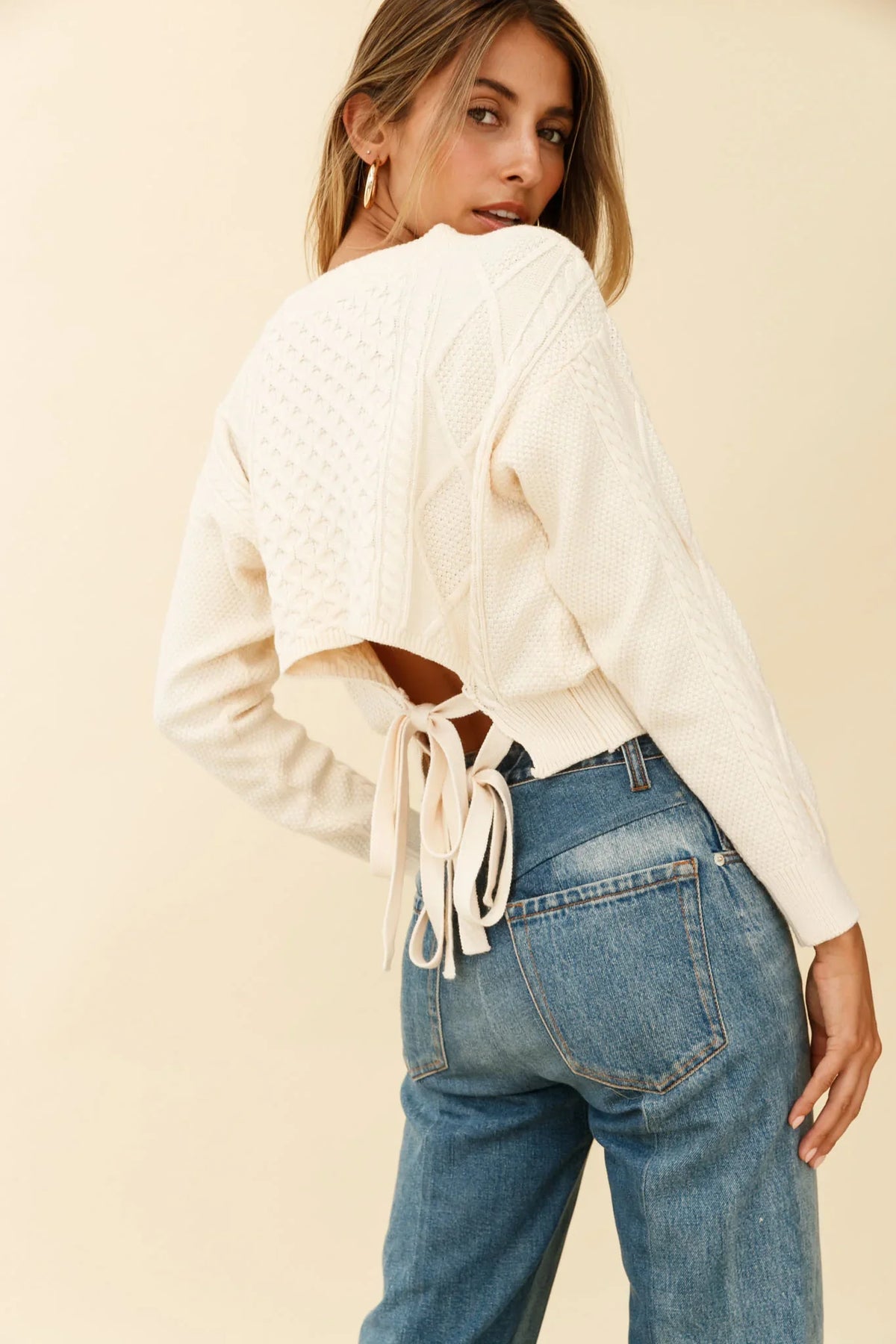 Dulce de Leche Long Sleeve Tie-Back Knit Sweater Beige