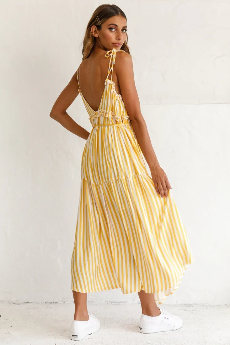 Santa Monica String Tie Maxi Dress Stripe Print Mustard