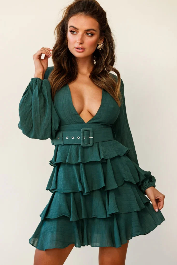 Queensland Balloon Sleeve Tiered Frill Belt Dress Green