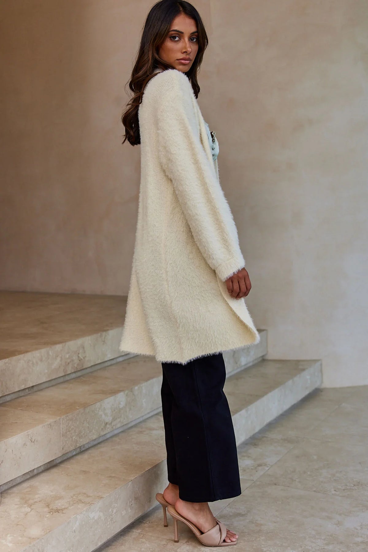 Hold The Phone Long Sleeve Fuzzy Duster Cardigan Cream