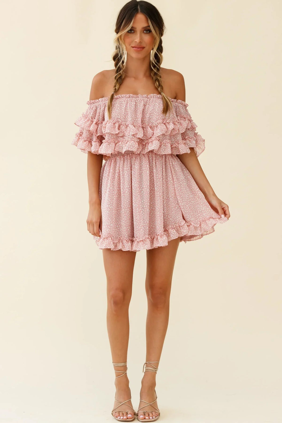 Meet Me At Sunset Bardot Neckline Frill Trim Dress Speckle Print Pink