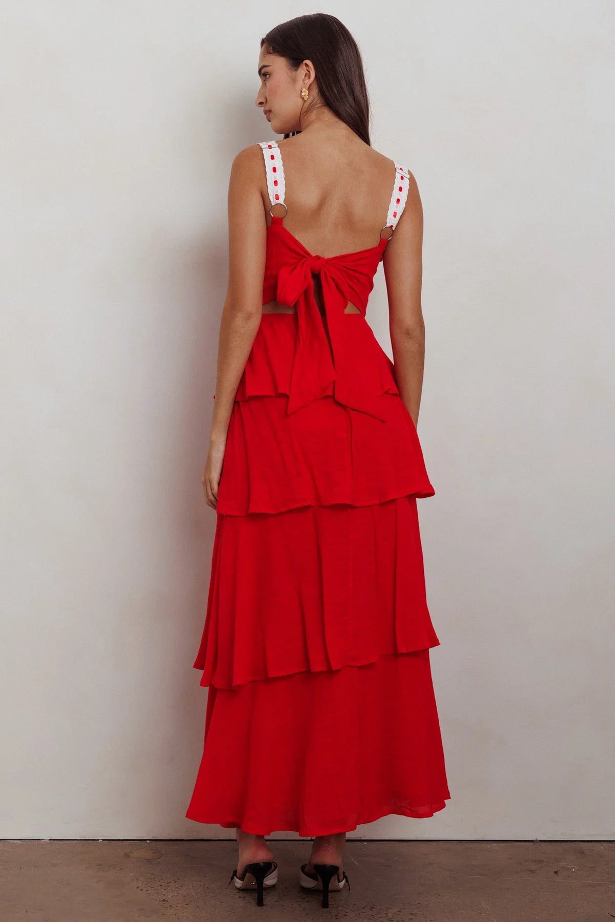 Provence Bloom Tiered Ruffle Maxi Dress Red