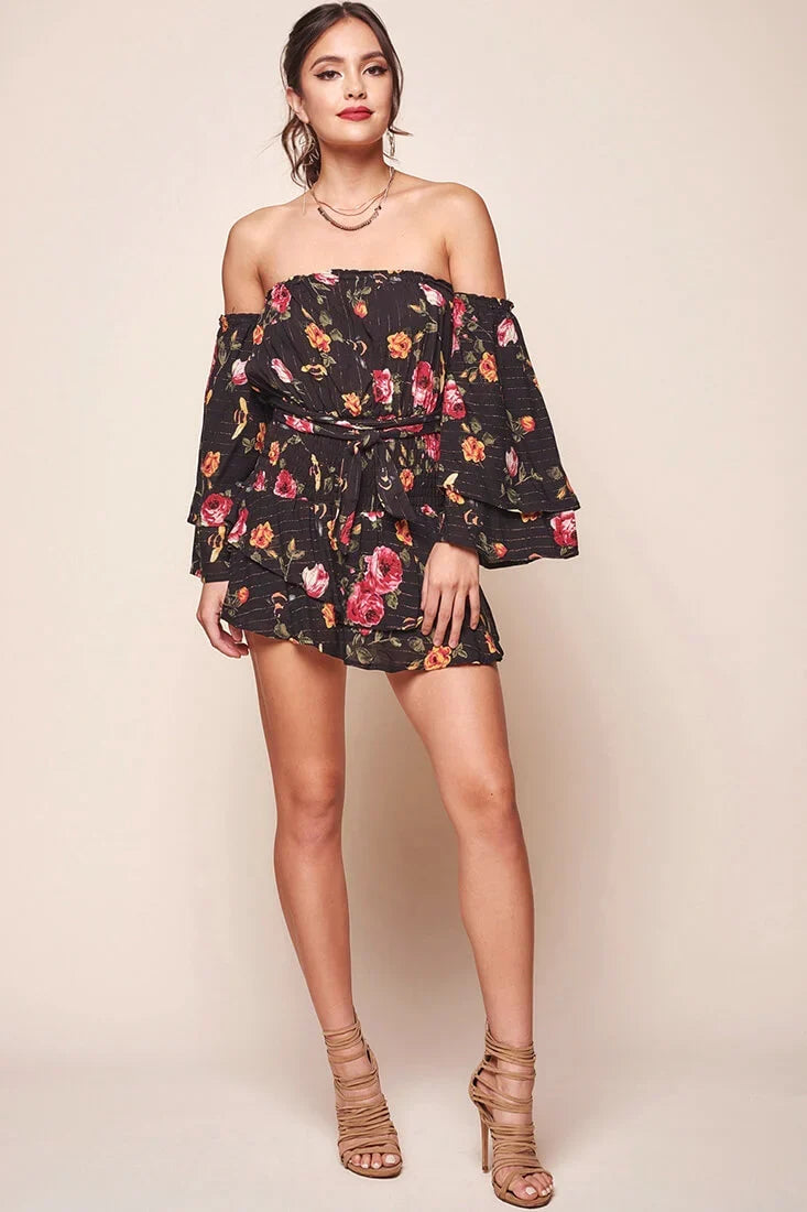 Emory Off the Shoulder Bell Sleeve Romper Black