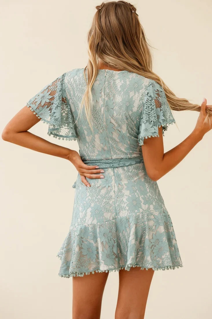 Cami Angel Sleeve Faux Wrap Dress Sage With Beige Lining