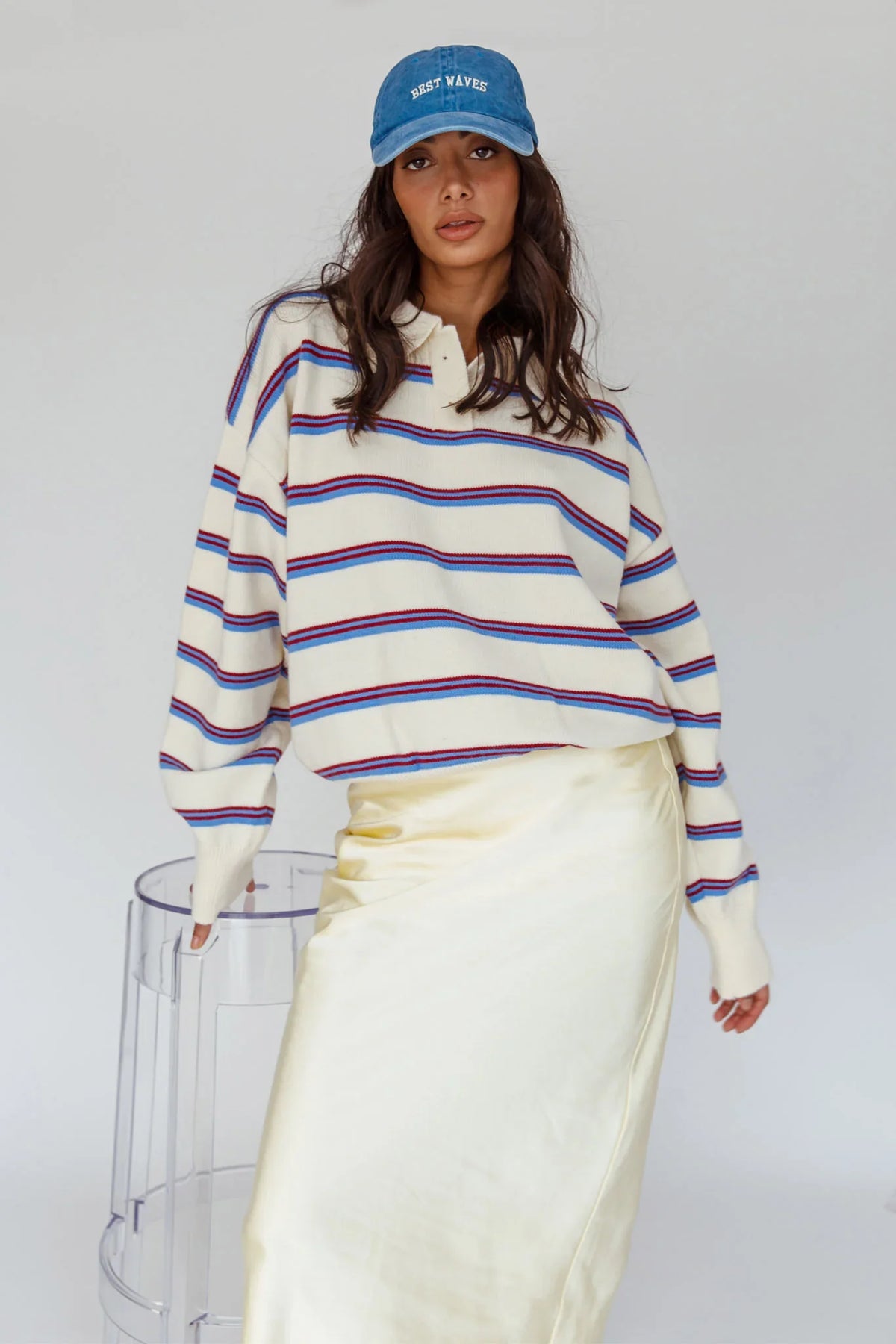 Boston Collared Knit Sweater Striped White