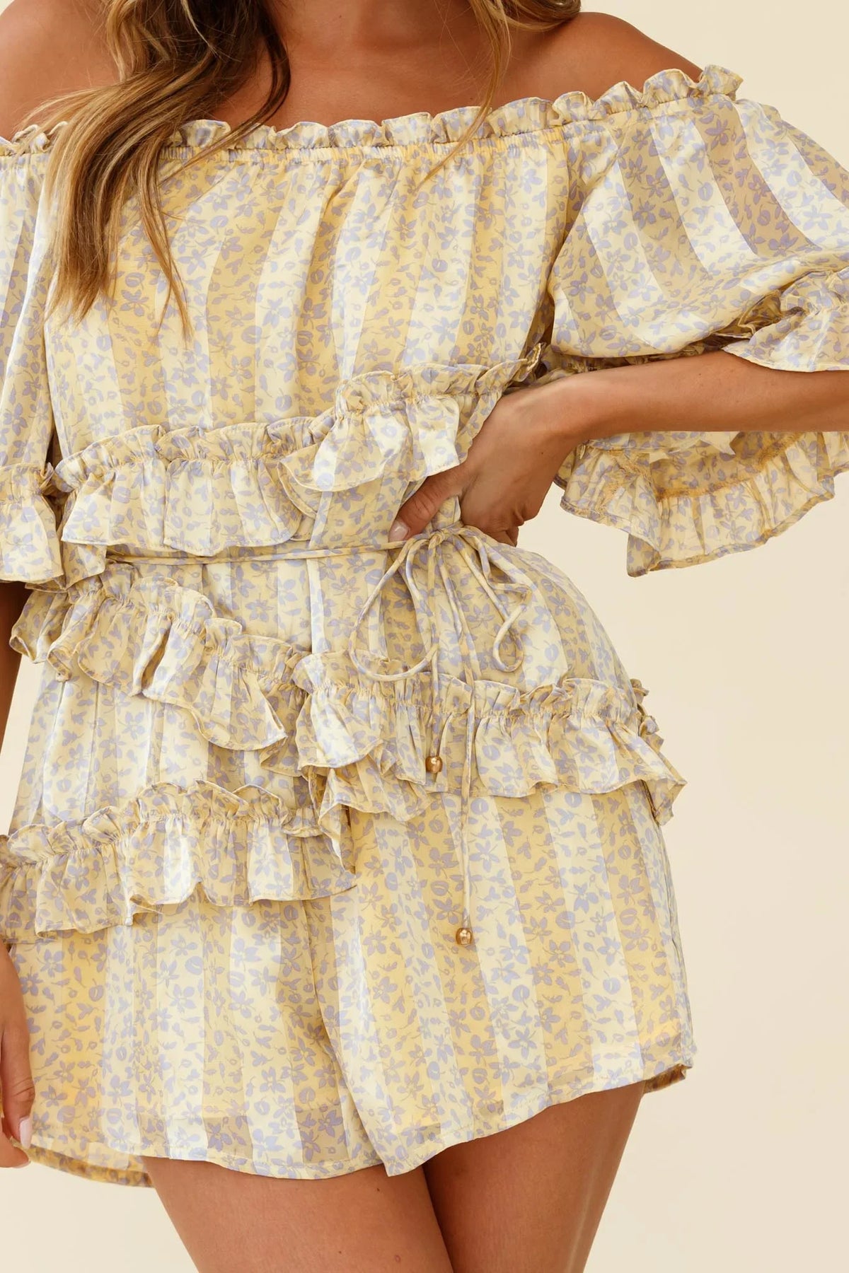 Astoria Bardot Neckline Frill Romper Floral & Stripe Print Yellow