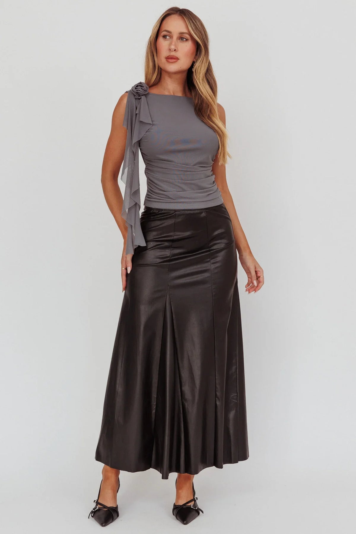 Galaxia A-Line Faux Leather Maxi Skirt Black