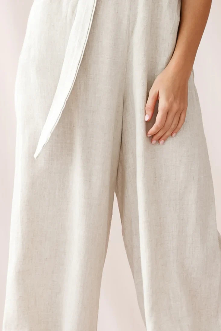 Mason Ruffle Neckline Wooden Buckle Belt Jumpsuit Natural