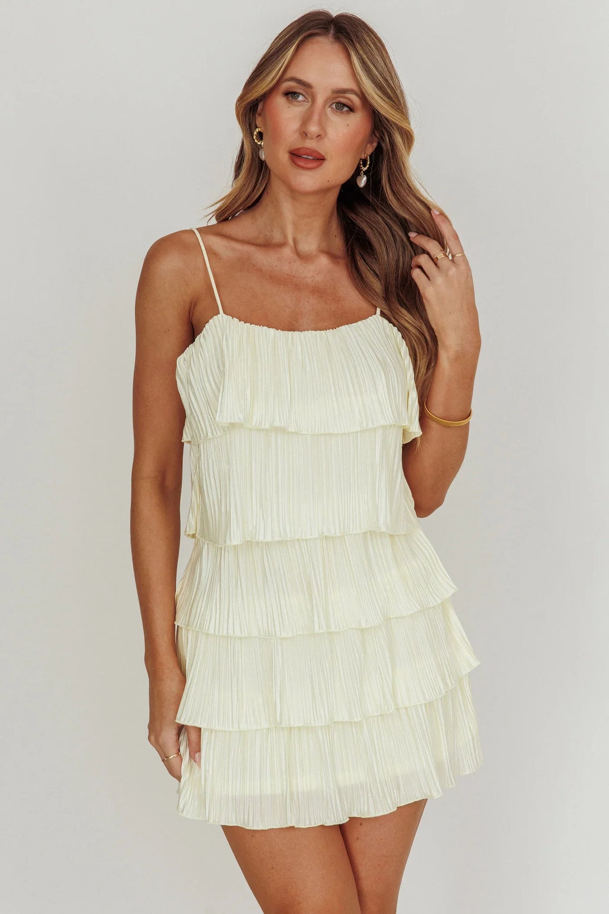 My Type Plisse Tiered Mini Dress Ivory