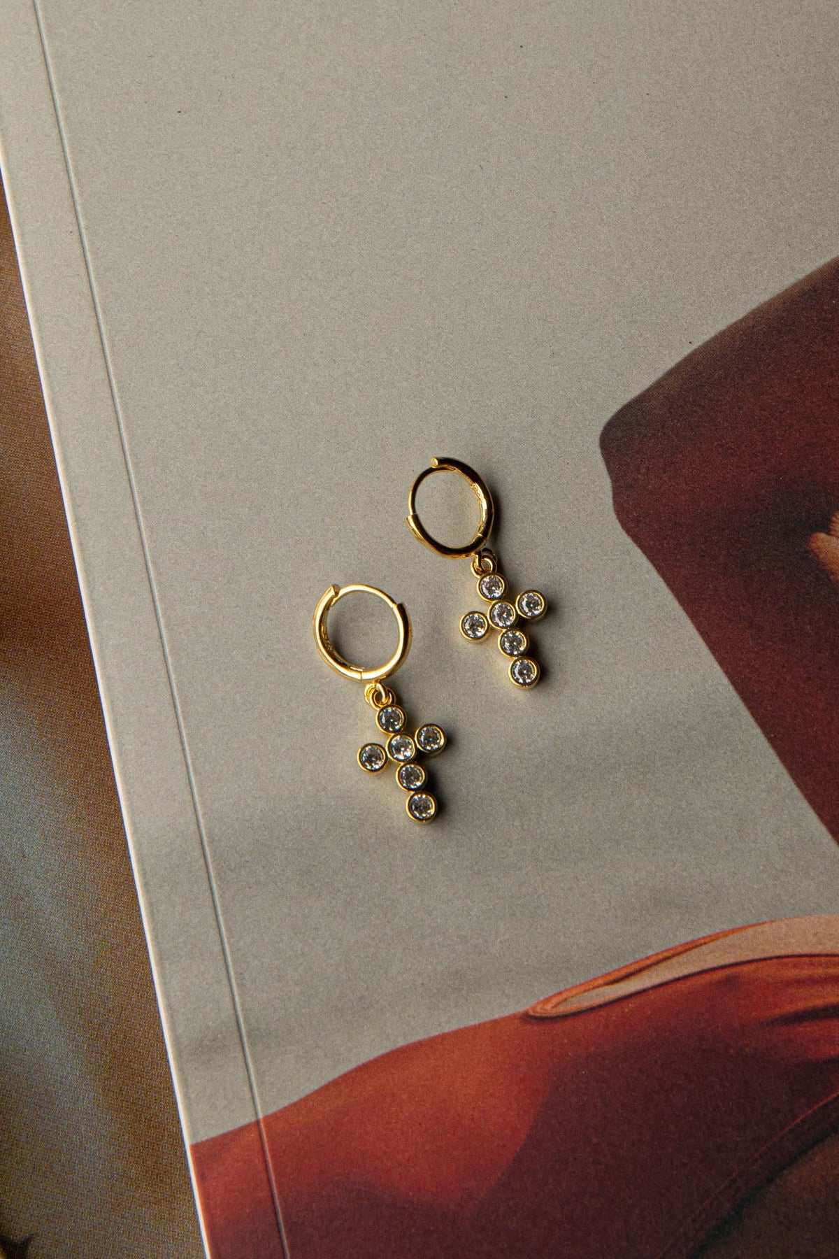 Santiago Cross Drop Diamante Hoop Earrings Gold