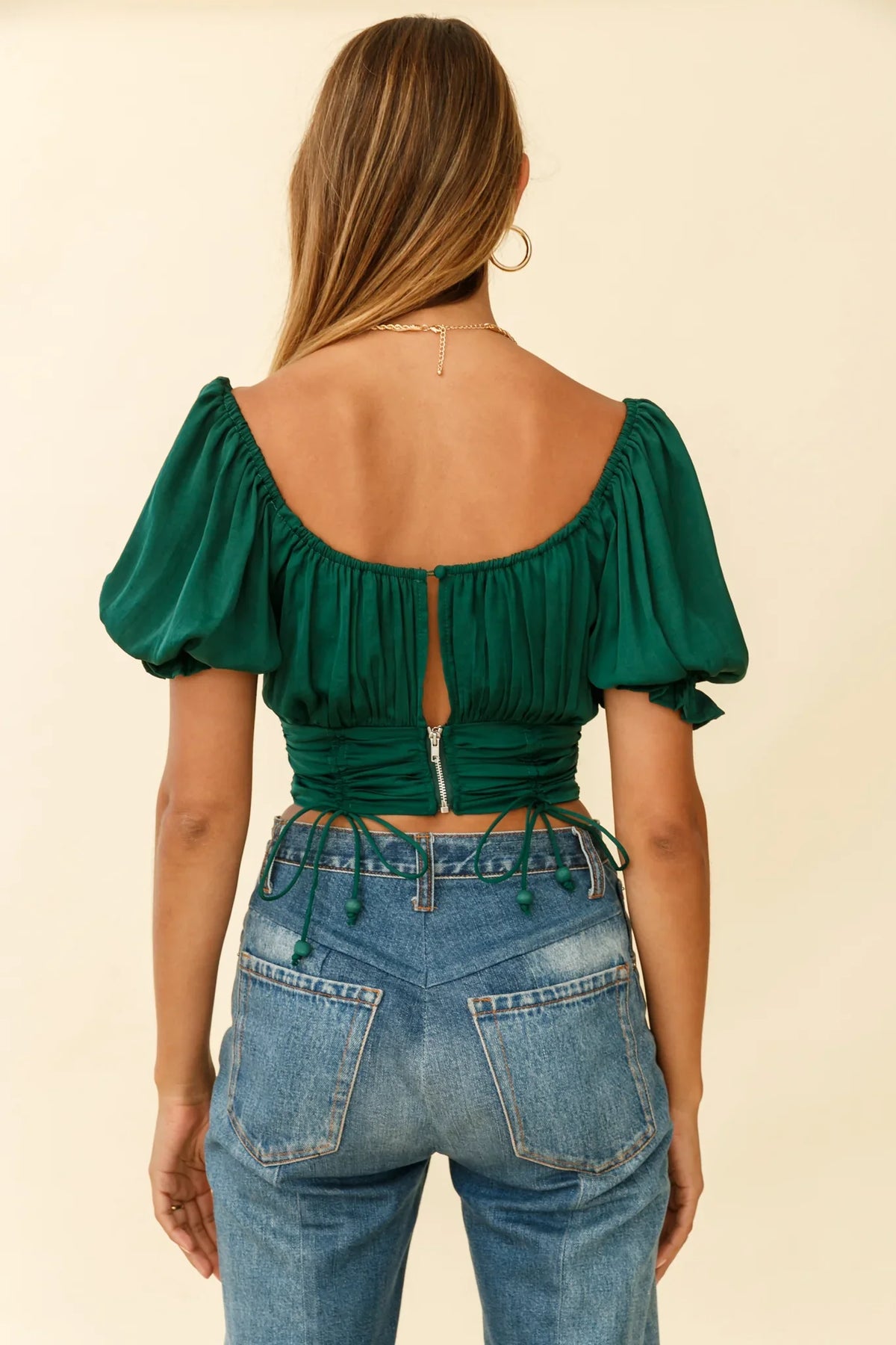 Bright Side Puff Sleeve Ruched Crop Top Forest Green