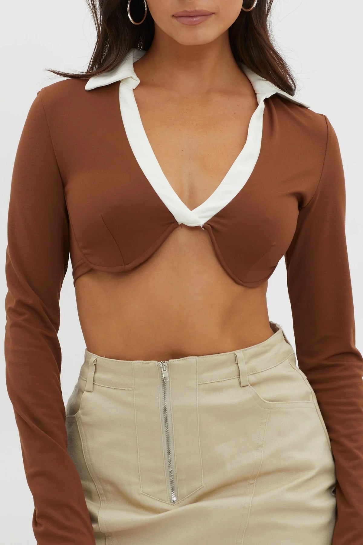 Mic Drop Collared Crop Top Chocolate