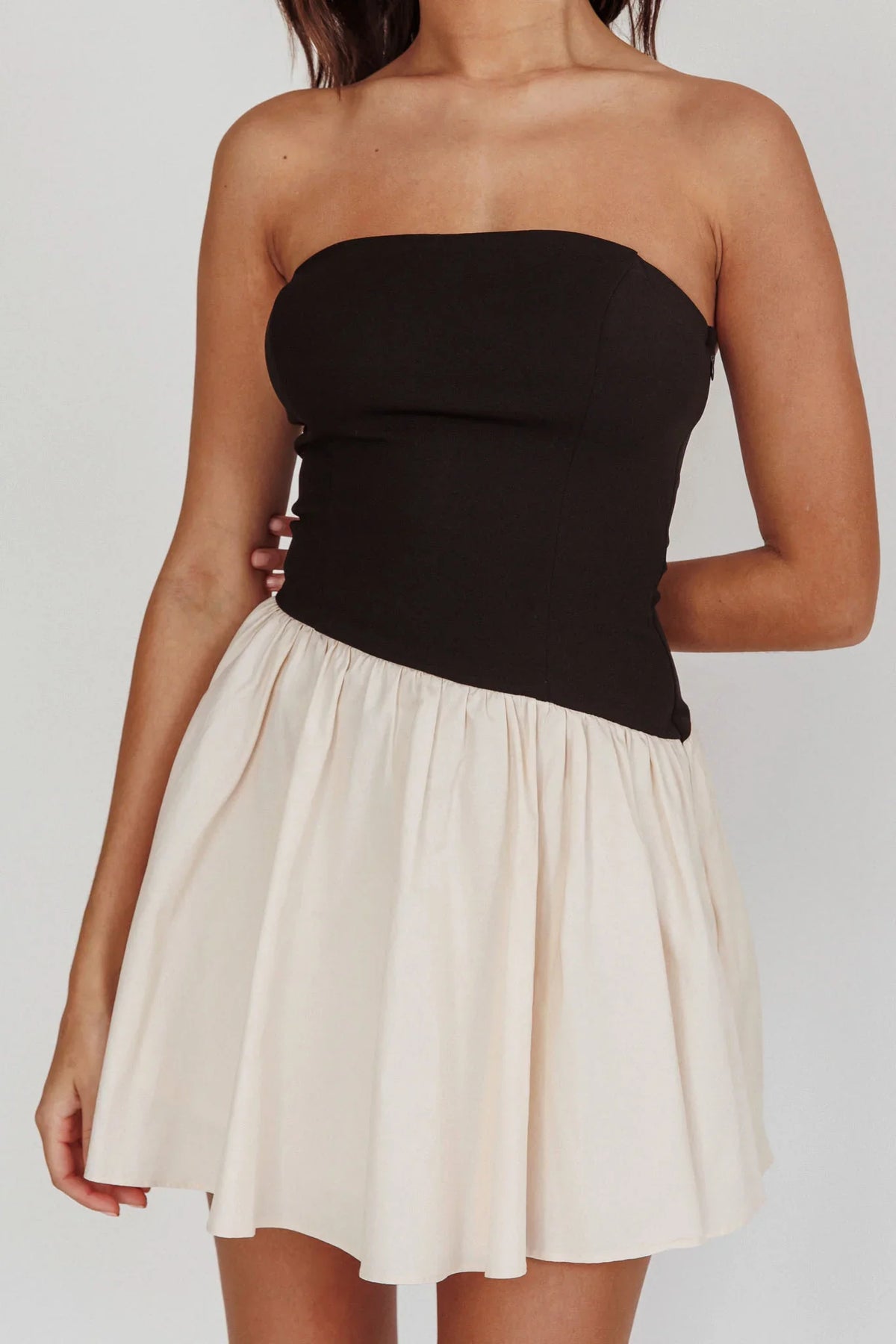 Marzipan Strapless Contrast Mini Dress Black Cream