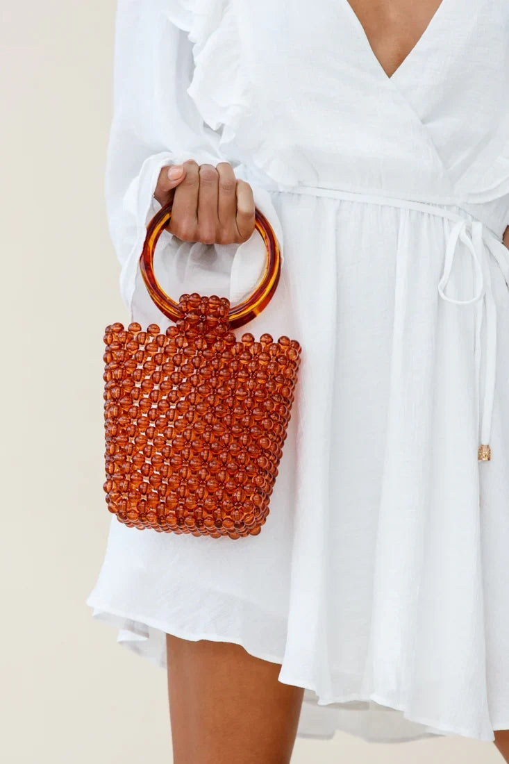 Karma Beaded Acrylic Handle Bag Tan